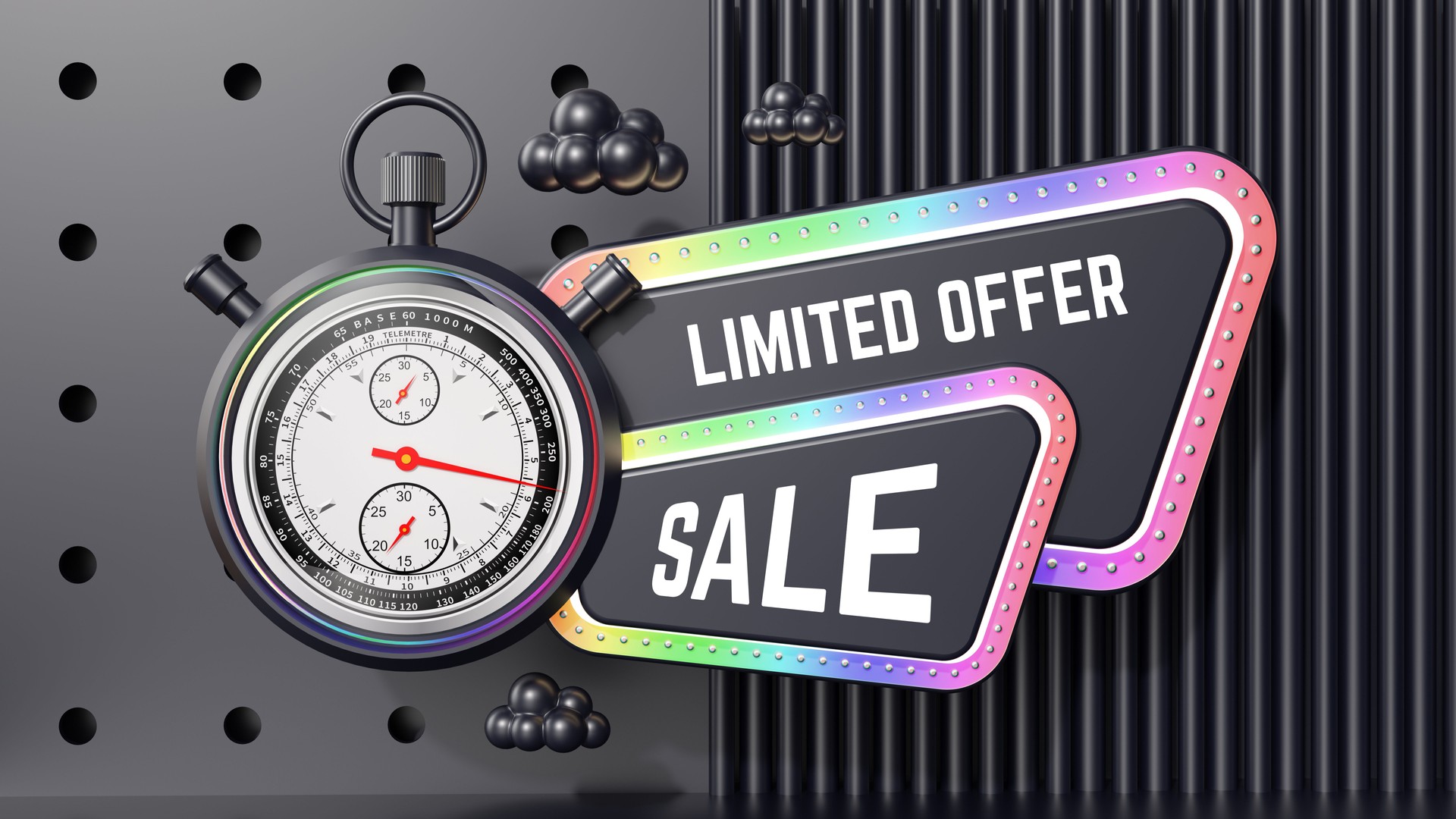 Limited Offer Sale Banner with stopwatch 3D rendering.
Colorful neon lights, psychedelic clock face, black and silver scheme, perforated background, geometric spheres, striped backdrop, vibrant rainbow colors, futuristic design, glossy textures.